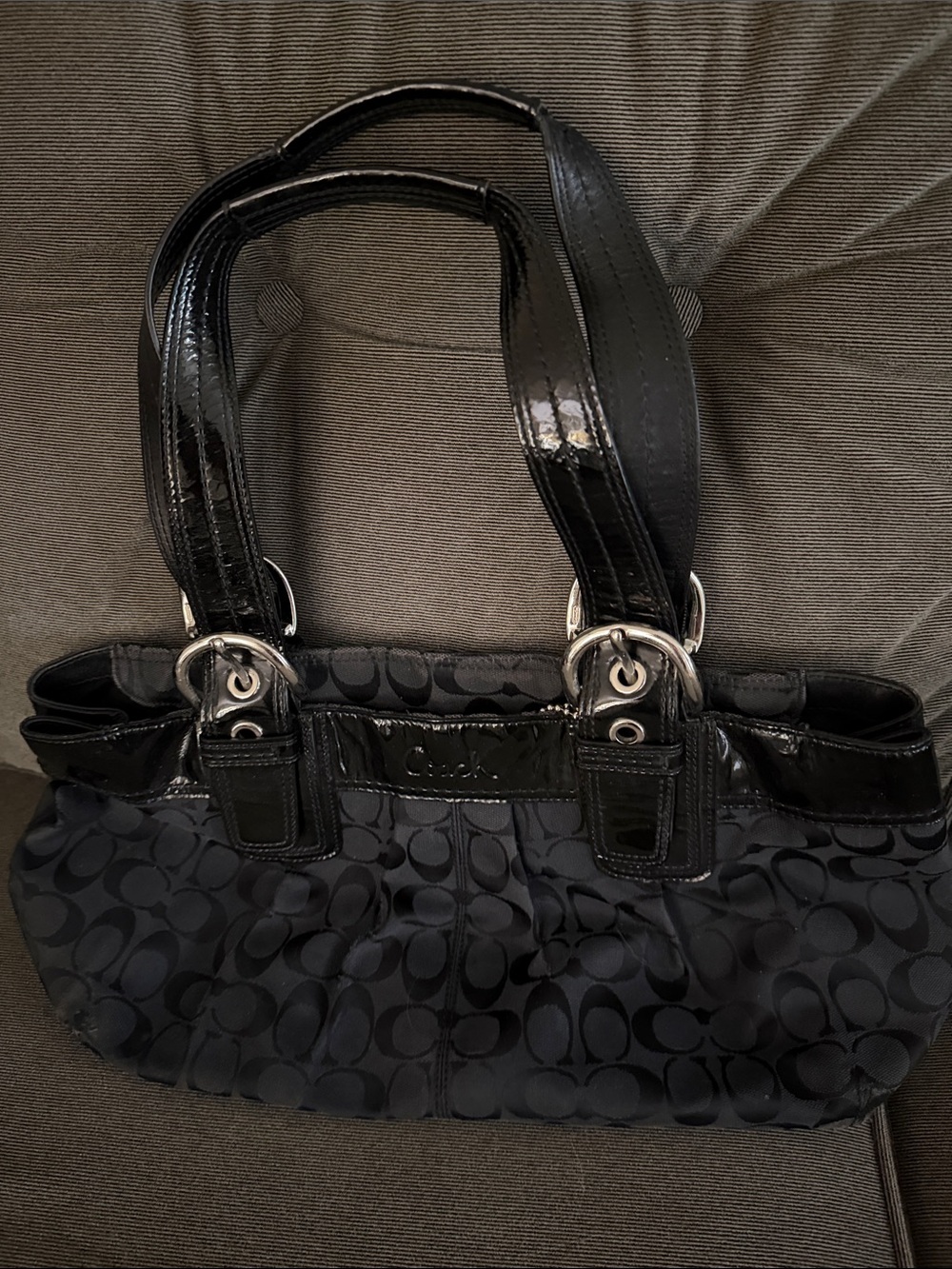 Coach Black Signature Satchel with Patent Trim